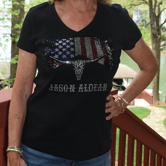 Jason Aldean Rhinestone  bling black short sleeved Vneck shirt  XS,S,M,L,XL,XX… - Picture 5 of 9